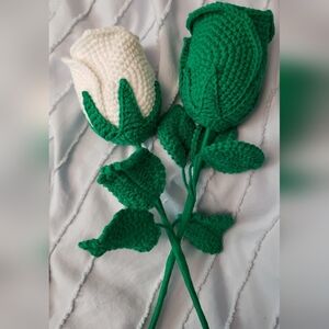 Handcrafted Green and White Crochet Roses